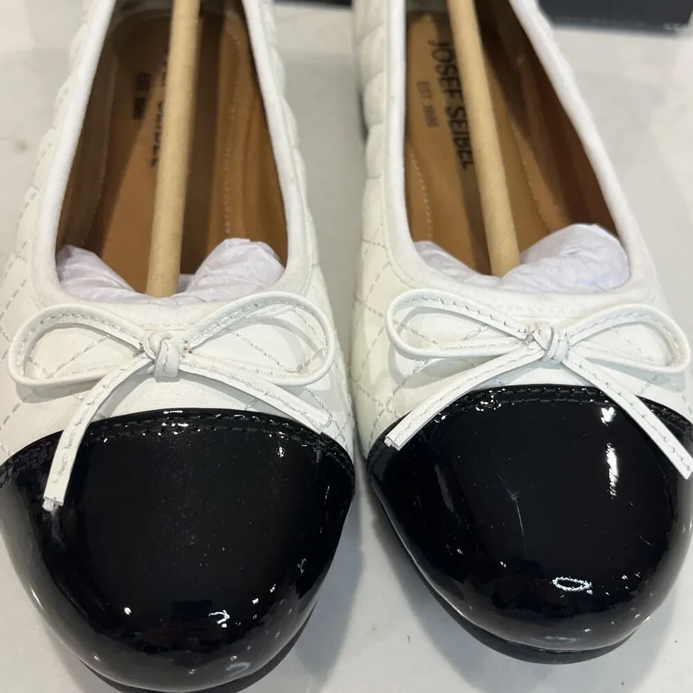Josef‎ Seibel Pippa White Black Quilted Cap Toe Leather Ballet Flats EU 37 6-6.5